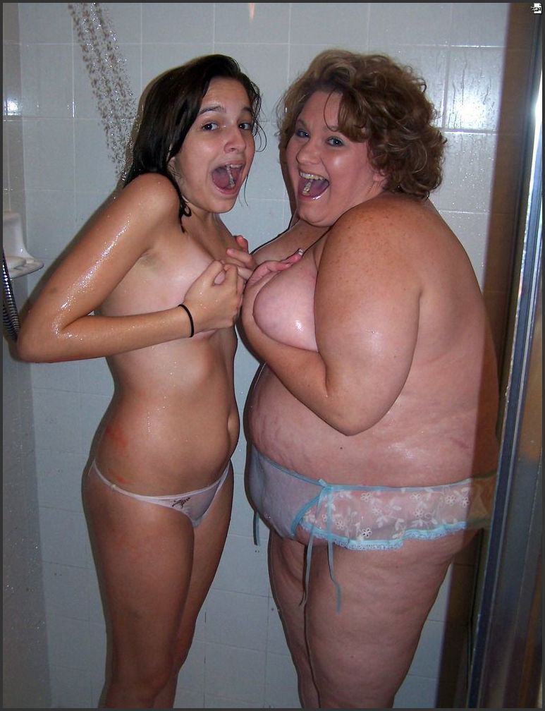 Fatty mom and her daughter nude in the shower in homemade photos. 